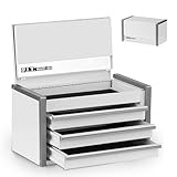 P.I.T. Mini White Tool Box, Portable 3 Drawer Steel Stackable Tool Box with Magnetic Tab Locking, White Micro Top Chest with Liner for Tools Storage and Organizers, Home DIY