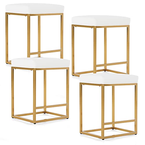 Maison Arts White & Gold Bar Stools Set Of 4 Counter Height 24" Barstools For Kitchen Counter Modern Upholstered Faux Leather Square Stools Backless Farmhouse Island Chairs, Support 330 Lbs, 24 Inch #TOP2