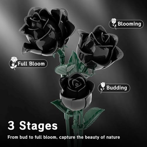 Image of Black Roses Bouquet Building Set, Artificial Flowers Botanical Collection Building Block for Adults, Gothic Home Decor for Women, Girls, Compatible with Lego Flowers, 585 PCS