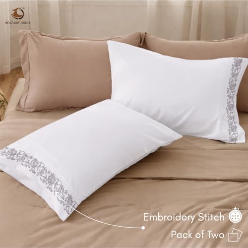 Image of Pure Cotton 500 TC Bag Type Pillow Cover Set | Greek Embroidered Pillow Cover Set | Percale Weave | 18 X 27 Inches (2, Silver Blossom)