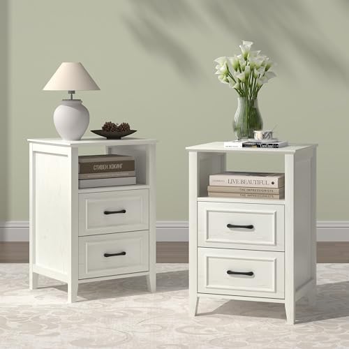 Farmhouse Nightstand Set of 2, Vintage White Bedside Table with 2 Drawers & Storage Shelf, Tall End Table for Small Spaces, Durable & Scratch-Resistant (15.75"W x 13.78"D x 23.39"H), Retro White