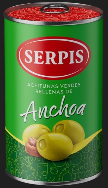 Serpis Aceitunas Verdes Rellenas de Anchoa, Olive Verdi Spagnole Ripiene di Acciuga, Latta da 300 g, Confezione da 3