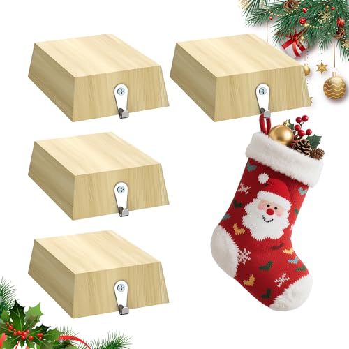 4 Pack Wooden Christmas Stocking Holders for Mantle, Christmas Stocking Hangers with Removable Tapes, Stocking Hook Christmas Ornaments for Mantle, Wi
