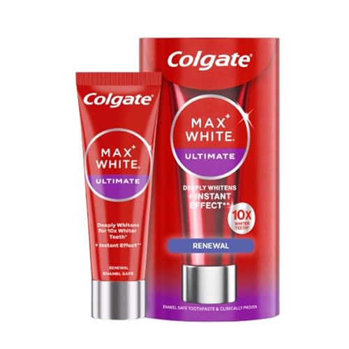 Colgate Max White Ultimate Renewal Toothpaste, At Home Whitening Toothpaste Clinically Proven to Instantly* Whiten Teeth and Reverse 15 Years of Stains**, 75ml Tube