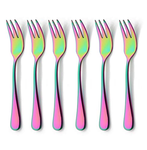 Oyster Cocktail Forks Set 6 Piece Stainless Steel Rainbow Multicolor Cake Appetizer Dessert Salad Fork Tasting Silverware Mirror Finish Dishwasher Safe Perfect for Wedding Party Event 5.5 Inch