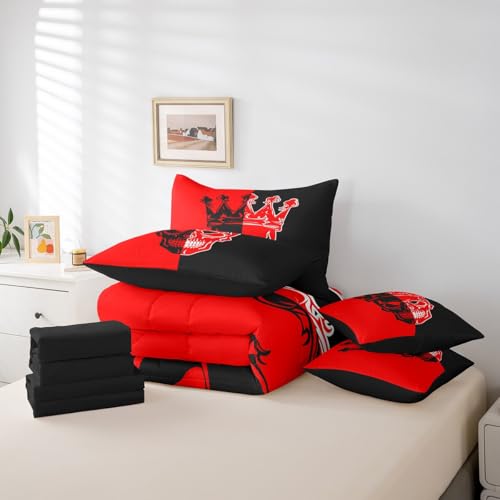 Manfei 7pcs Gothic Skull Comforter Set Queen, Red and Black Skull Skeleton Bed Set for Kids Boys Girls, Halloween Bedding(1 Comforter,1 Fitted Sheet,1 Flat Sheet,2 Pillowcases,2 Throw Pillow Cover) by Manfei - Image 6