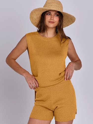 Image of ANRABESS Women Summer 2 Piece Outfits Sleeveless Knit Sweater Top & Shorts Soft Lounge Sets Travel Beach 2026 Spring Clothes Turmeric Small