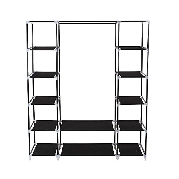 BLACK TRIPLE CANVAS CLOTHES WARDROBE CUPBOARD HANGING RAIL STORAGE WITH 11 SHELVES - 175 x 150 x 45cm ALSO AVAILABLE IN BEIGE AND RED. - Image 3