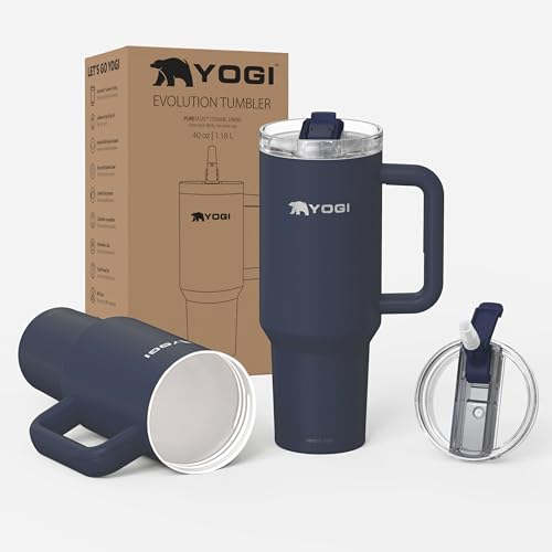YOGI Ceramic Lined Metal Allergy Safe 40oz Tumbler with Handle and Straw Leakproof Flip & Sip Lid Vacuum Insulated Stainless Steel Travel Cup for Iced Coffee Water and All-Day Hydration 40oz Eclipse