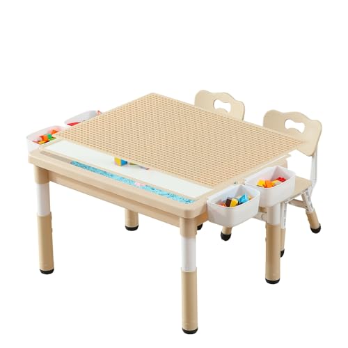 SINKIPA Multi Functional Kids Table and 2 Chairs Set, Graffiti & Building Blocks Double-Sided Tabletop, Toddler Play Table with Drawers, Large Storage Space, Gift for Boys/Girls, Burlywood