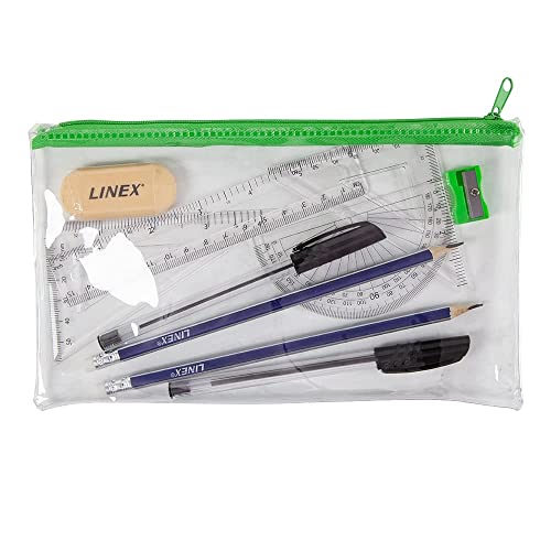 Linex Clear Exam Pencil Case with Maths Set & Stationery Exam-Approved Transparent Pencil Case with Geometry Tools for School College & University