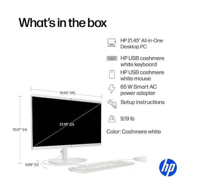 Image of HP 21.5 inch FHD All-in-One Desktop Computer, Intel Quad-Core Processor, 8GB DDR5 RAM 640GB Storage (128GB UFS+512GB Docking Set), Windows 11, Wired Keyboard and Mouse, NLY Earphones, Cashmere White