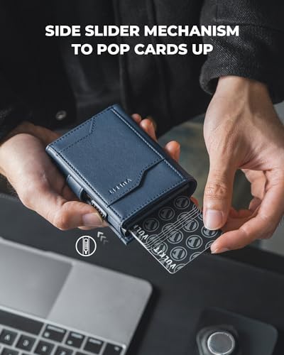 Image of VULKIT Pop up Card Wallet with AirTag Holder RFID Blocking Credit Card Holder with Banknote Compartment & ID Window for Men(Blue)