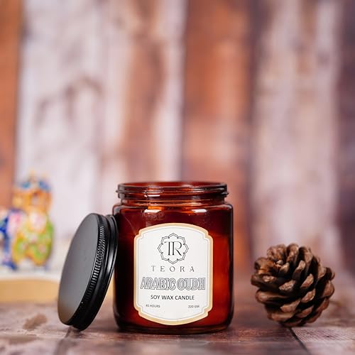 Image of Teora By Bindian Luxury Soy Wax Scented Candles in Amber Glass Jars | 220g Each | 45H Long Burn Time | Natural Smokeless Wax for Home Decor, Spa & Aromatherapy (Arabic Oudh)