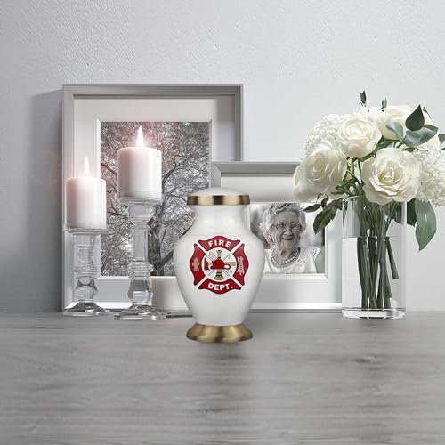 Image of Trupoint Memorials Small Urns for Human Ashes Keepsake, Military and Patriotic Decorative Mini Cremation Urn for Veteran Adult Men and Women, White Red Fireman