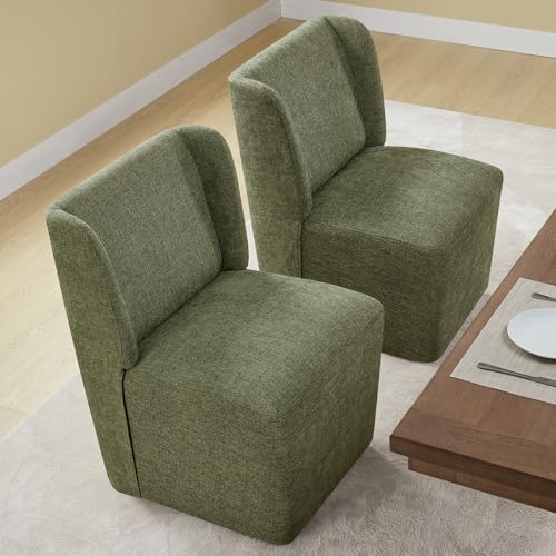 Image of KISLOT Upholstered Dining Chairs Set of 1 with Casters, Green | Wingback Modern Dining Room Chairs with Rollers, Armless Side Chair with Easy-clean Linen Look Fabric for Kitchen Dining Room