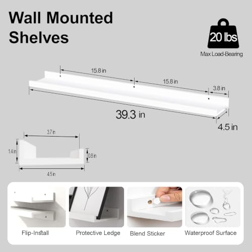 Image of White Floating Shelves for Wall Decor, 40 in Shelf with Lip Set of 2 | 4.5 inch Deep Display Picture Ledge Shelf, Long Wall Mounted Storage Shelves for Bedroom, Bathroom, Living Room, Kitchen, Nursery