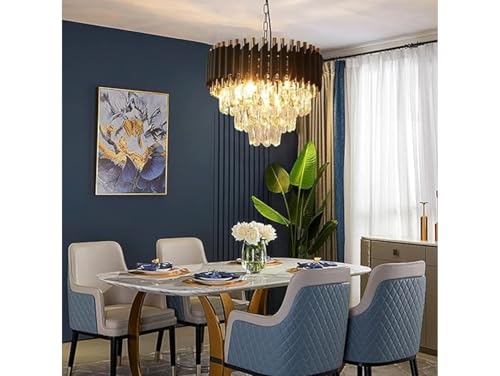 Image of Modern 3-Tiers Crystal Pendant Light Black Gold Round Ceiling Light Fixture (Antique, 300mm), 3 Colors Led Plate Included Warm White, Natural Light, Chandelier Light (L-30*B-30*H-70 Cm) F