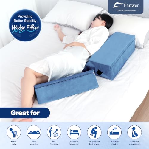 Image of Fanwer Positioning Wedge Pillow for Side Sleeping (3 in 1),19.69 inch,LightBlue | 40 Degree Triangle Bed Wedges & Body Positioners for Back Pain,Preventing Bedsores,After Surgery,Knees Elevated,Pregnancy