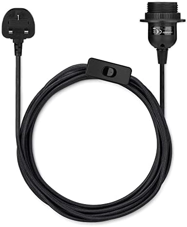 kwmobile Pendant Light Fitting - 5m Lamp Holder for E27 Bulb with Fabric Covered Cable & Switch & UK Plug - with Screw Ring for Lamp Shade - Black