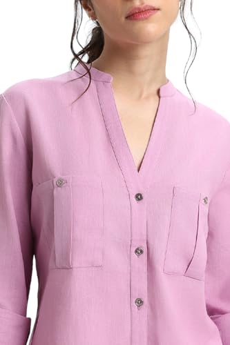 Image of DL Woman Women's Stylised Shirt Style Top with Roll Up Sleeves, Regular Fit Solid