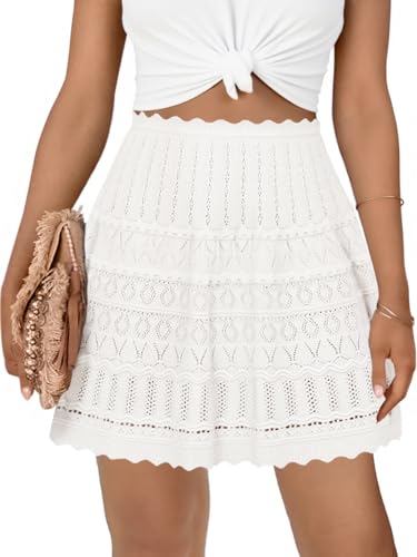 Cicy Bell Women's Summer Crochet Mini Skirt Casual Hollow Out Elastic Waist Boho Beach Cover Up Skirts