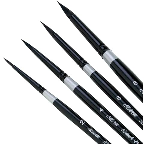 Silver Brush Limited BV-3055S Black Velvet Short Handle Medium Round Brushes, Mixed Filament With Very Soft Tips, 4pc Professional Artist Painting Bundle for Watercolors, Gouache, Dyes & Silk Painting Cover