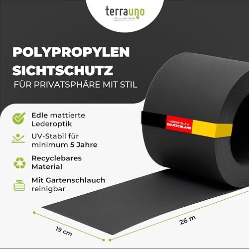 TerraUno Nachhaltige Sichtschutzstreifen für Doppelstabmatten, Polypropylen, Made in Germany, RAL 7016 Anthrazit, 26m x19cm Rolle, extra stabil, Lederoptik, Zaun Sichtschutz mit UV-Beständigkeit
