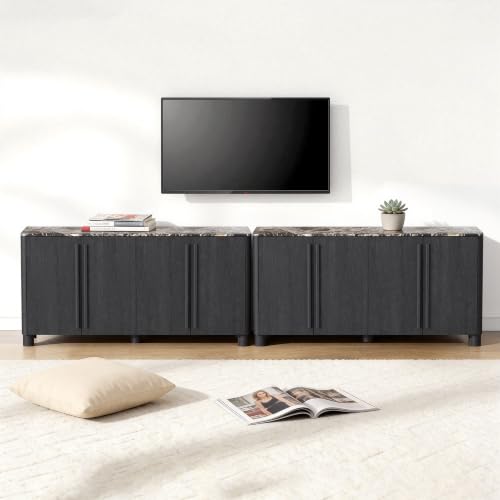 Image of 65 inch Sideboard Buffet Cabinet with Storage, Wood Grain Top Credenza with Adjustable Shelves, Curved Accent Cabinet with Round Legs for Dining Room, Living Room, Entryway, Coffee Bar, Black Grey