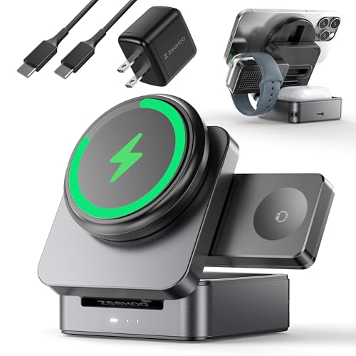 ZEEHOO 3-in-1 Foldable Magnetic Wireless Charging Station Qi2 Certified 15W Travel Charger Stand Dock for iPhone 17/16/15/14/13/12 Series Apple Watch AirPods (30W Adapter Included)
