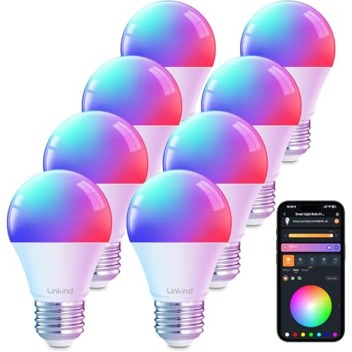 Image of Linkind WiFi Smart Light Bulbs, Alexa & Google Home Compatible, RGBTW 16M Color Changing, Dimmable Mood Lighting, A19 E26 WiFi Bulb 60W 800LM 8 Pack
