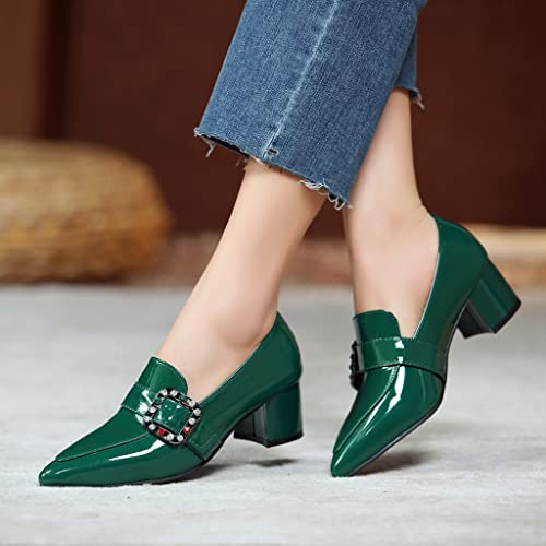 Women's Classic Buckle Slip On Loafers Pumps Pointed Toe Rhinestone Block Heel Office Dress Shoes4