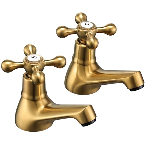 Wasserrhythm Basin Pillar Taps Pair Twin Bathroom Sink Taps Brushed Gold Victorian Traditional Brass Cross Lever Two Wash Basin Taps Hot and Cold Tap Separate Cloakroom Faucets 2 Holes