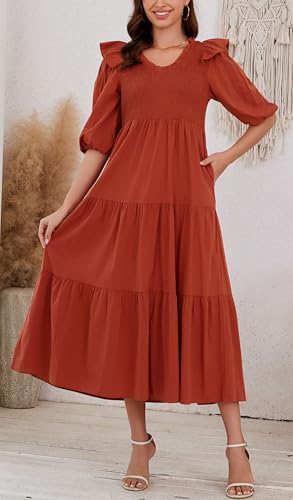 Image of Women Casual Lantern Sleeve Ruffle V Neck Fall Dress Boho Flowy Maxi Dresses Tiered Cocktail Long Dress