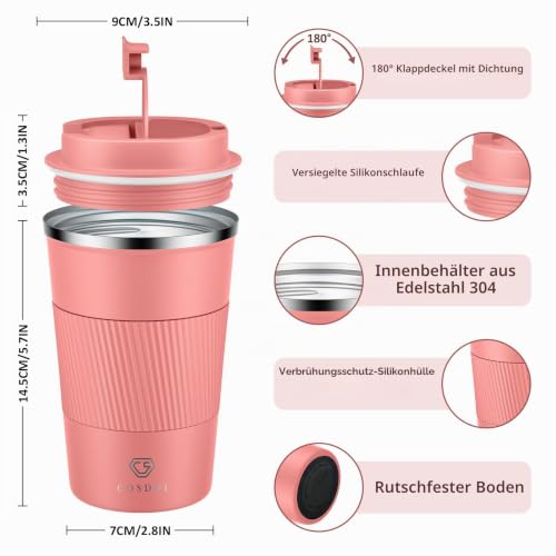 CS COSDDI Thermobecher- Isolierbecher, Edelstahl Travel Mug, 13oz/380ml Vakuum auslaufsicher Reisebecher mit Deckel, Autobecher… – Ansicht 2