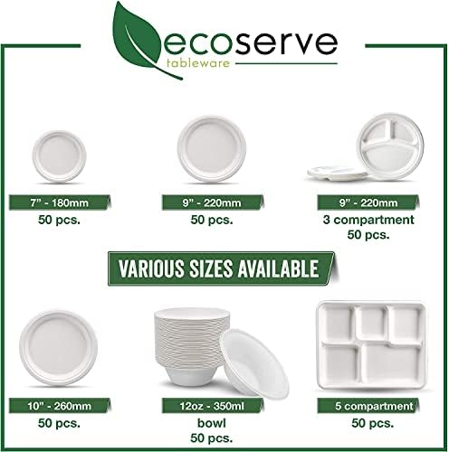 ecoserve tableware Super Rigid Disposable Paper Bowls Sugercane Biodegradable and Compostable White (340ml 50 Pcs)
