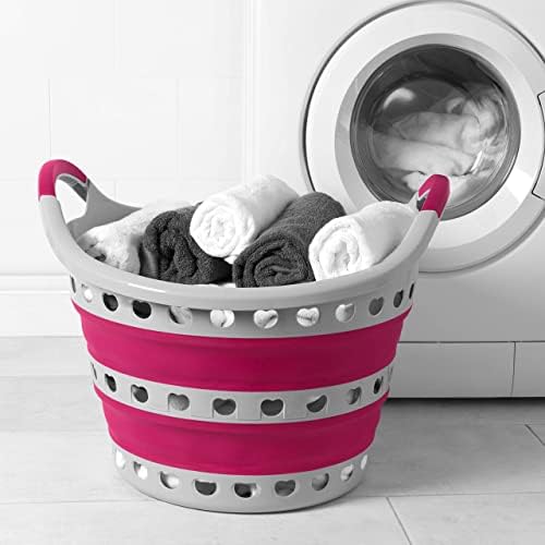 Kleeneze KL075130EU7 Space Saving Collapsible Laundry Basket with Carry Handles, Extra Large Capacity 50 L Perfect for The Launderette, Washed Or Hanging Clothes Grey/Pink