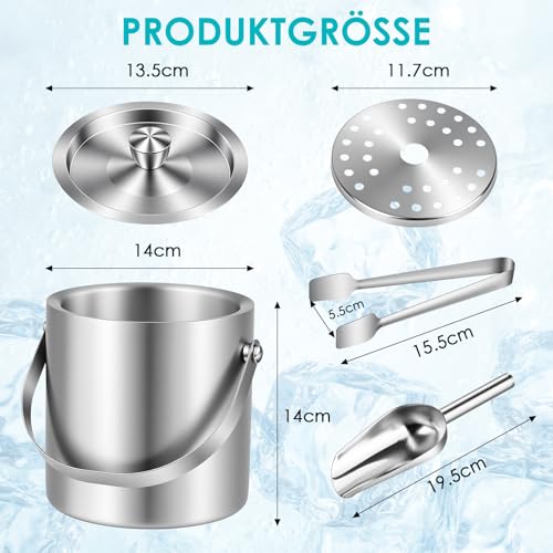 Gaethra 2L Eiswürfelbehälter, Eiskübel mit Deckel und Zange, Eisbehälter Edelstahl, 100% BPA Frei Eiseimer, Eiswürfel Aufbewahrungsbehälter für Bier, Früchten, Champagner, Riegel, Partys