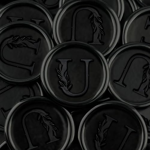 25Pcs Black Wax Seal Stickers Handmade Vintage Botanical Leaves Adhesive Letter Wax Stickers for Wedding Party Invitations, Envelope, Gift Wrap, Christmas(Initial U, Black)