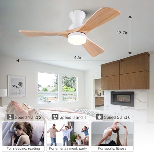 XBIBI 42 Inch Low Profile Ceiling Fan with Light and Remote, 3 Color Dimmable Flush Mount Ceiling Fan, 6 Speeds DC Motor, Wood Hugger Ceiling Fans with Lights, Indoor Outdoor Ceiling Fans - Image 2