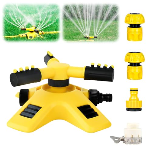 Arroseur Jardin, Automatique 360 Rotatif Arroseur Pelouse, 3 Bras Arrosage Potager ABS Système d'Irrigation pour Pelouse Jardin Plantes Champ de Légumes Enfants Jouant (avec connecteur à 6 pôles)