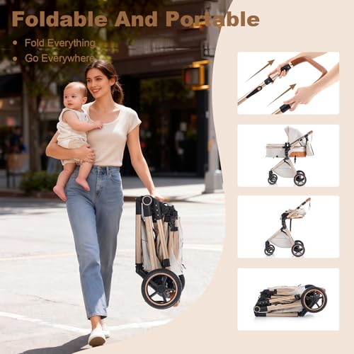 Kakbgee Passeggino 3 In 1 Con Seggiolino Auto, Carrozzina Piegevole, 7-Altezza Regolabile, Sospensione 4 Ruote, Copripioggia E Zanzariera, Baby Stroller Per Neonati 0-3 Anni (15Kg), Blu - 2