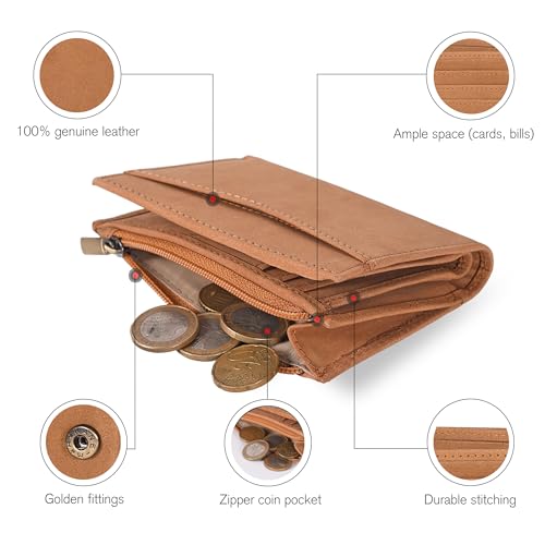 Image of Oak Leathers Leather Wallet For Women - Small RFID Coin Purse Credit Card & ID Holder for Ladies, Gift for Women's, Bifold Wallets (Crazy Horse Cognac)