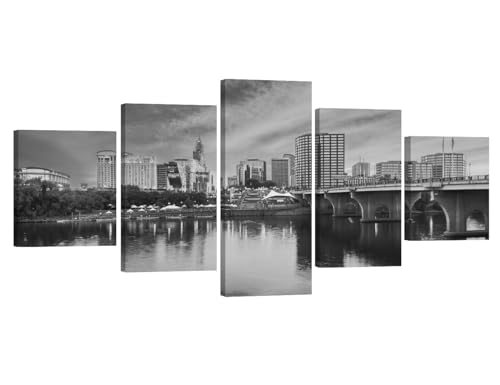 Wall Art for Living Room Hartford Skyline Wall Painting Hartford Connecticut USA Wall Decor 5 Panel Hartford Downtown on the River Black and White Wall Art Artwork Framed Ready to Hang 32X60 INCH