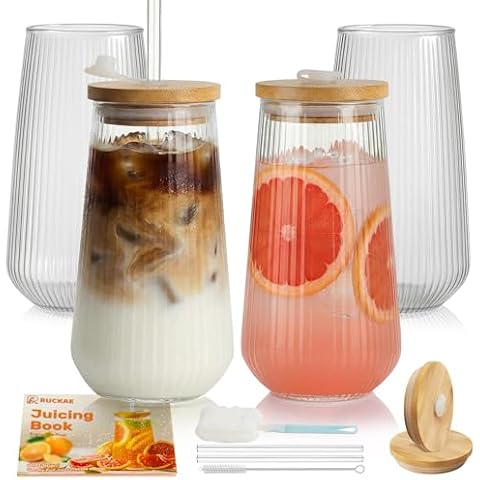 Ruckae Borosilicate Glass Cups with Lids and Straws,16oz Reusable Iced Coffee Cup with Lid Glass Cups 4 Pack for Coffee Bar Accessories,Smoothie,Juice,Durable Clear Tumbler Cups for Home,Office,Travel Cover