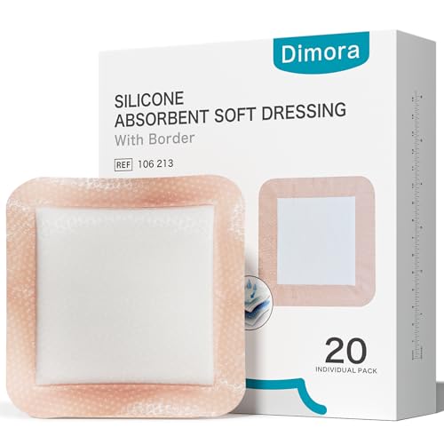 Dimora 20 Count Silicone Super Absorbent Wound Dressing 6 x 6 - Large Adhesive Bandage for Heavy Exudate Border Wound Care Pads for Pressure Sore and Post-Surgical Incisions