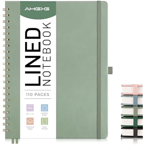 AHGXG Lined Spiral Notebook 8.5" x 11", A4 Large Notebooks for Women Men, Hardcover Leather Notebook College Ruled, 100 GSM Thick Paper, Notebooks for Work School Note Taking Writing, Sage Green Cover