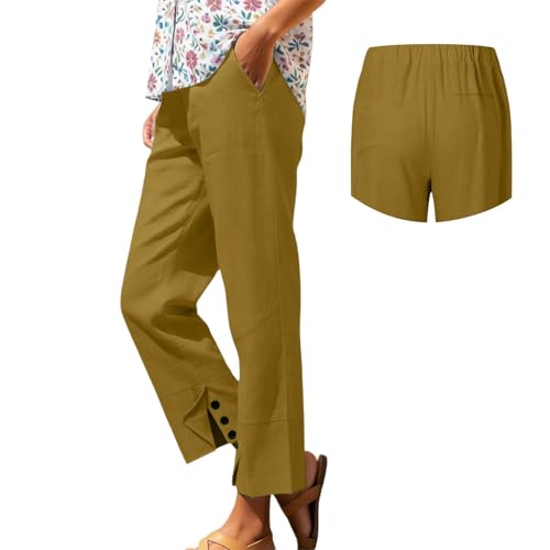 Image of Split Trousers Womens Lightweight Button Detail Back Pockets Casual Summer Comfortable Full Length Relaxed Everyday City Holiday Bottoms for Women Chic Streetwear All Season Yellow