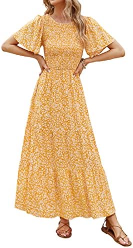 ZESICA Women's 2023 Summer Casual Floral Print Short Flutter Sleeve Crew Neck Smocked High Waist Flowy Maxi Dress,Yellow,Medium