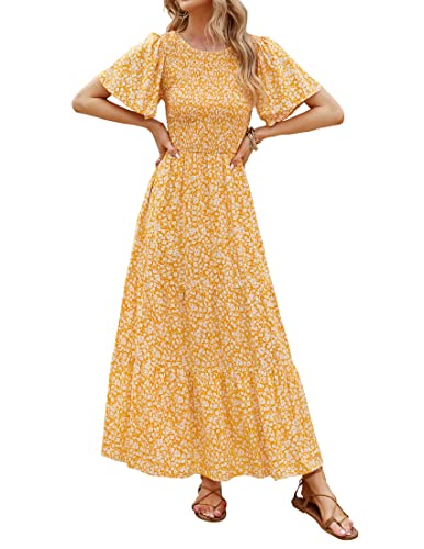Zesica Women's 2023 Summer Casual Floral Print Short Flutter Sleeve Crew Neck Smocked High Waist Flowy Maxi Dress,Yellow,Medium #TOP17